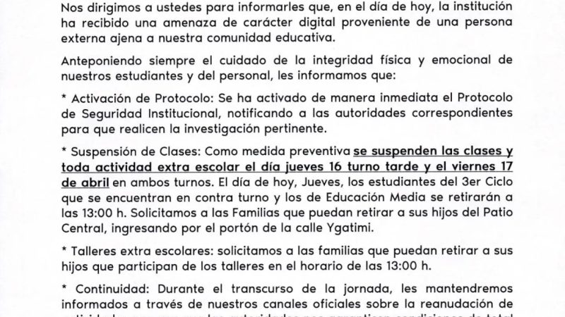 Colegio Cristo Rey activa protocolo y suspende clases tras amenaza digital en Asunción