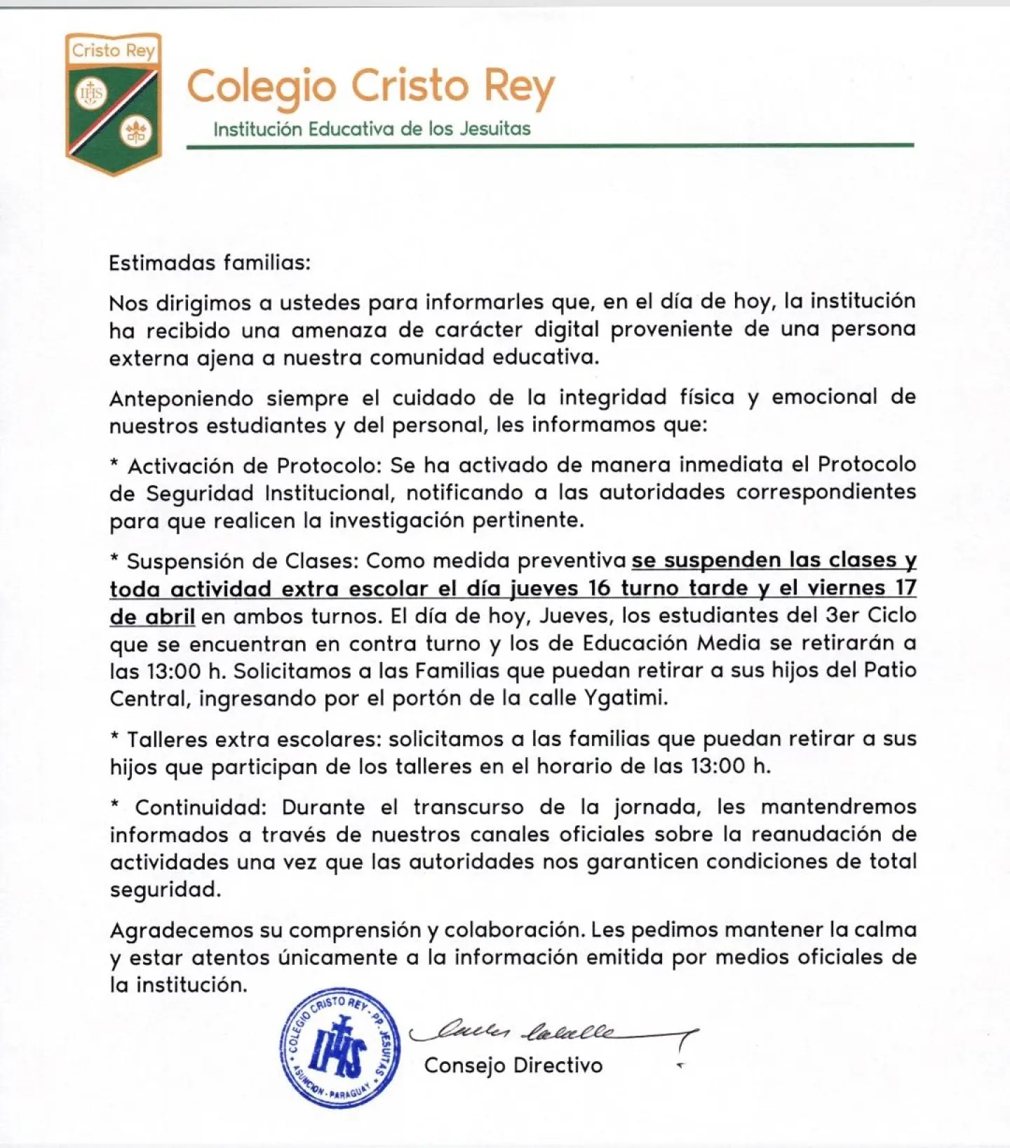 Colegio Cristo Rey activa protocolo y suspende clases tras amenaza digital en Asunción